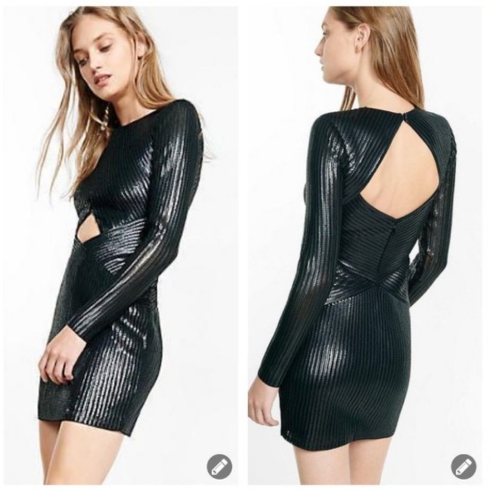 Express Black Sequin Long Sleeve Cut Out Dress